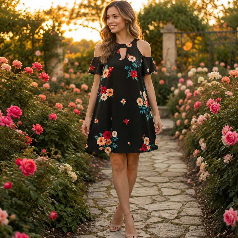 Floral Cold Shoulder Swing Dress XL Flutter Sleeve Cottagecore Garden Dreamy